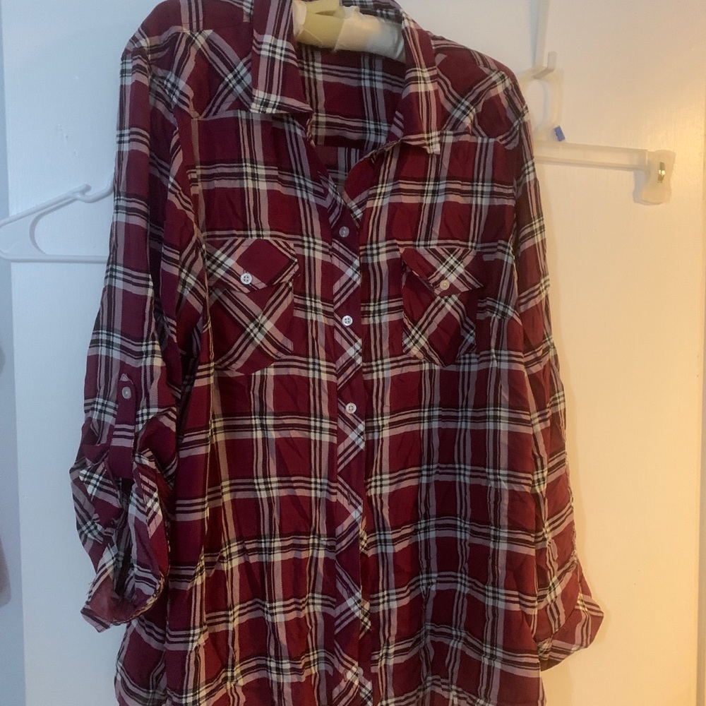 Torrid Burgundy-Black-Ivory Plaid Button Front Shirt